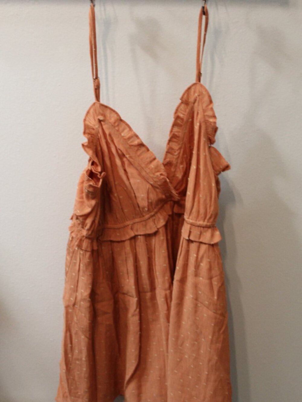 Juniper Blu Rust Orange Swiss Dot Ruffle Romper Dress Look Size L Boho